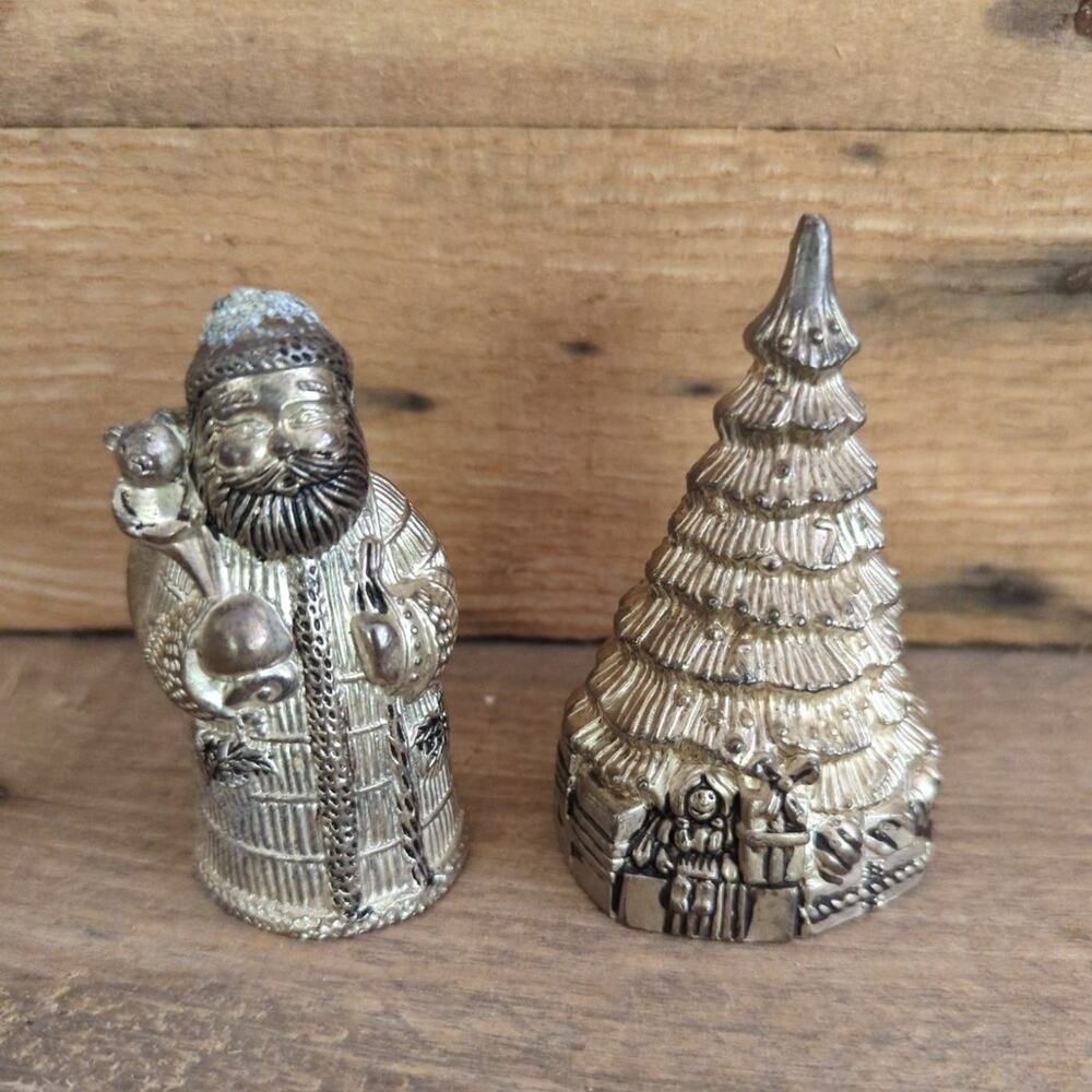 Vintage 1995 Silver Plated Santa & Christmas Tree Salt & Pepper Set